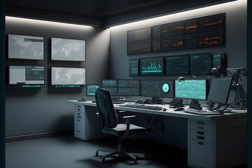 Stock Traders Control Room, Stock Market Technology, Stock Exchange Trading Screens, Modern Design Traders Workstation, generative ai