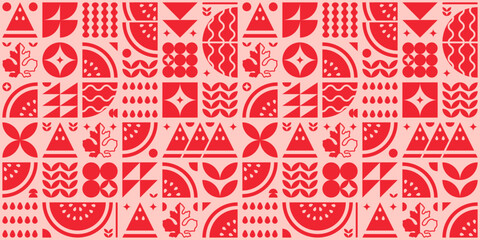Abstract artwork of watermelon fruit pattern icon set. Simple flat vector art, illustration of cut watermelon symbols, leaves, seeds and various geometric shapes. Grocery silhouette, modern design.