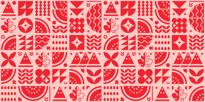 Abstract artwork of watermelon fruit pattern icon set. Simple flat vector art, illustration of cut watermelon symbols, leaves, seeds and various geometric shapes. Grocery silhouette, modern design.