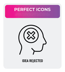 Idea rejected: man with cross mark in head. Thin line icon. Negative thinking. Disappointment. Modern vector illustration.