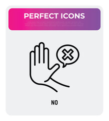 Warning symbol. Stop hand gesture and speech bubble with cross mark. Refusal, personal boundaries, ability to refuse. Modern vector illustration of restriction.