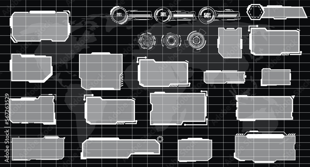 Wall mural digital interface hud elements set pack. user interface, frame screens. callouts titles, fui circle 