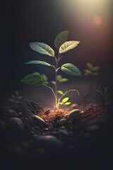Young Plant in Sunlight, Growing plant, rays of light. AI