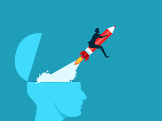 Create new ideas. Imagination or content writing. Businessman riding a pencil rocket from head opening vector