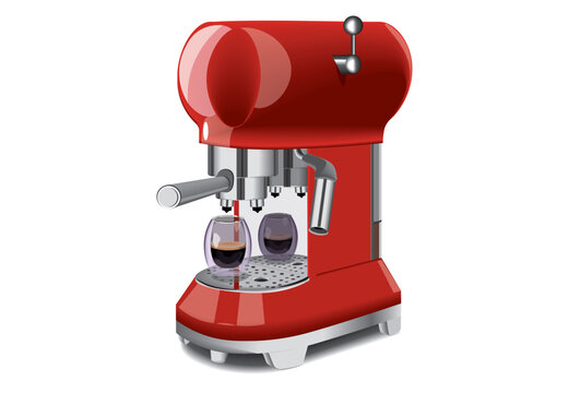 vector illustration with a red modern coffee machine with a glass of coffee isolated on a white background.