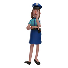 3D illustration. Happy face 3D Cartoon Police Woman showing cute face. with hand on chin pose. showing beautiful facial expressions. 3D Cartoon Character