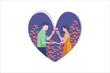 Couple in love celebrating holiday, holding hands and drinking coffee. Man and woman spending time together. Young people resting on romantic date. Saint Valentine's Day. Vector illustration