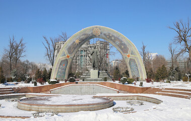 Statue of Ismail Samani,  Dushanbe, Tajikistan in snow
