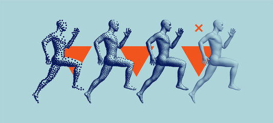 Running man or marathon runner in сoarse and fine style. 3D human body model with stipple effect. Design for sports club, fitness, competition or marathon. Vector illustration composed of particles.