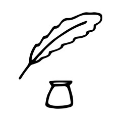 inkwell and feather hand drawn in doodle style. simple minimalistic line art. monochrome icon