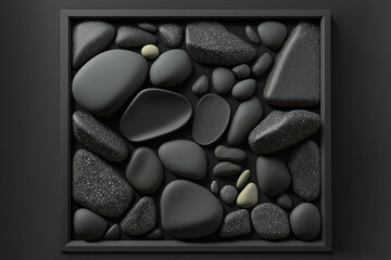 Black image frame with black stones collage. Generative AI