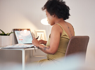 Black woman, laptop and pregnant writing in remote work at home for planning, schedule or website. African American female freelancer working with computer by desk on maternity leave at the house