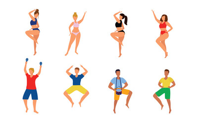 Set of dancing people. People in dancing poses. Women in bikini, men in t-shirt and shorts. Vector illustration