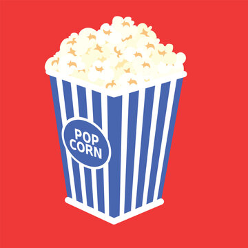 Box of popcorn isolated on background. Fast food for cinema or film or movie. Popcorn pack. Vector illustration.