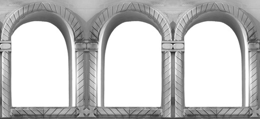 mockup image. 3 three empty white double arched windows. vintage arched windows in a wall. window...