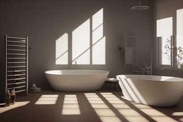 Naklejka na ściany i meble Light bathroom interior with shower and bathtub, rack with decoration. Generative AI