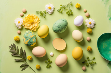 Fototapeta na wymiar Easter composition, Painted Chocolate eggs, tulip flowers flat lay on yellow green board background, spring mood, Greeting card, banner, easter background, generative ai