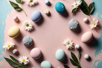 Fototapeta na wymiar Stylish easter eggs and spring flowers, dyed chocolate candy and pebbles on pink paper, flat lay, space for text. Happy Easter. Greeting card template, spring mood, generative ai