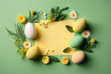 Easter composition, Painted Chocolate eggs, tulip flowers flat lay on yellow green board background, spring mood, Greeting card, banner, easter background, generative ai