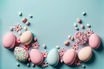 Fototapeta na wymiar Easter composition, eggs and flowers flat lay on pastel blue background, natural dyed colorful little eggs and pebbles composition on blue, spring, Greeting card, easter background, generative ai