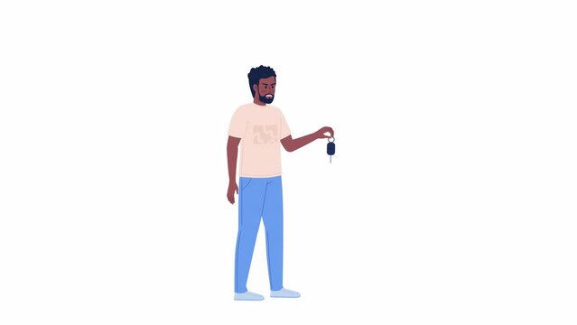 Animated angry man holding car keys. Irritated male driver. Full body flat person on white background with alpha channel transparency. Color cartoon style 4K video footage of character for animation