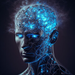 a human head with a glowing brain and a glowing brain map in the middle of it's head, with a black background and a blue hued out area. generative ai - obrazy, fototapety, plakaty