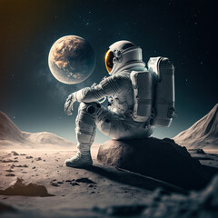 The Man on the Moon. Space Expedition. Rocket flight into space. Generative AI.