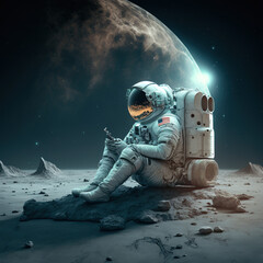 The Man on the Moon. Space Expedition. Rocket flight into space. Generative AI. - obrazy, fototapety, plakaty