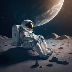 The Man on the Moon. Space Expedition. Rocket flight into space. Generative AI.