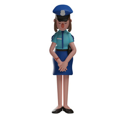     3D illustration. Simple 3D Cartoon Police Woman character illustration in a bent pose. hands cupped forward. showing a sad expression. 3D Cartoon Character