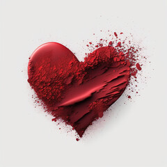 Bright red lipstick makeup texture, heart shape, smear smudge swatch on white isolated background. Generation AI