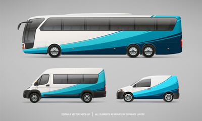 Realistic vector Travel Coach Bus, Company Van and Delivery Car Mockup set. Abstract graphic consept for Brand identity and Advertising on Passenger Van. Side view Bus editable branding mockups
