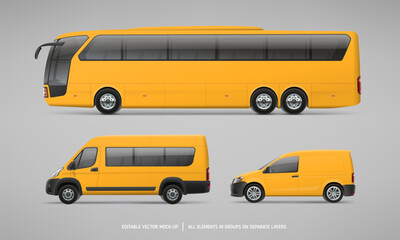 Set of realistic vector Coach Bus, passenger van and service car - editable mockup template. Business passenger transport yellow colours for delivery advertising