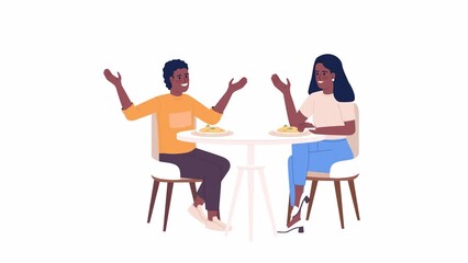 Animated listen kid at dinner table. Eating together. Full body flat people on white background with alpha channel transparency. Color cartoon style 4K video footage of characters for animation