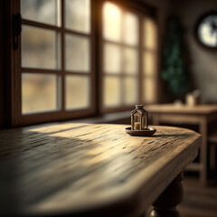 Obraz premium window and kitchen table, view from inside, blurred background, idyll, generative AI