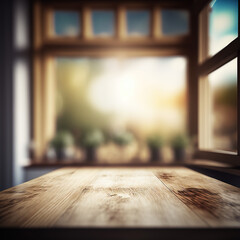 window and kitchen table, view from inside, blurred background, idyll, generative AI