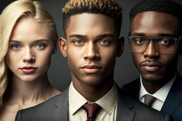 Multiethnic corporate staff, young specialists, company representatives. Generative AI illustration.