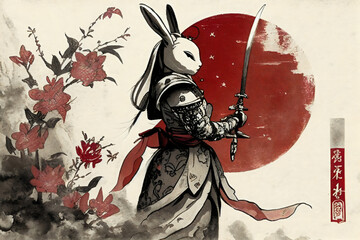 rabbit general, moon, ink painting