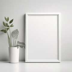 wooden white frame on white background and vase with flowers. generative AI 