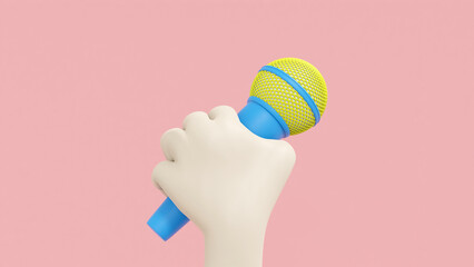 3D illusrtation of cute left hand holds microphone isolated on pink background with cartoon style. Clipping path.