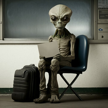 Allien sitting in a chair with a blank paper
