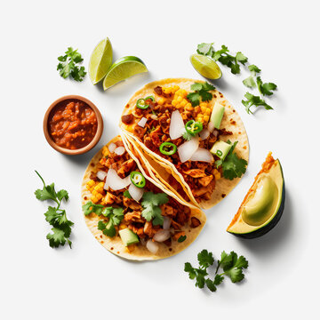 A colorful Tacos al Pastor on white background. Juicy marinated pork, fresh pineapple, and cilantro top a warm corn tortilla. Appealing image perfect for food and drink ads, menu design, and editorial