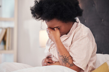 Pregnant, bedroom and black woman with depression, stress and maternity issues in home. African...