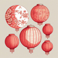 Chinese paper lanterns, drawing, generative AI - obrazy, fototapety, plakaty