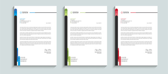 Minimal corporate official business letterhead template design. Professional company brand stationary identity and cover layout template with red, blue, and green colors.