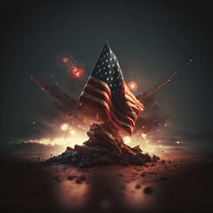 American flag against a background of explosions or fireworks, victory. Generative AI 