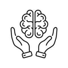 Human Brain in Areal View with Hands Line Icon. Education, Logic, Analysis, Memory, Mind Concept Outline Icon. Neurology, Psychology Pictogram. Editable Stroke. Isolated Vector Illustration