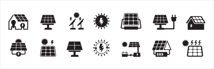 Electricity icon set. Solar panel electric generation icons. Green renewable electric power source vector icon. House solar panel roof. Vector stock illustration.
