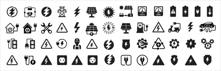 Electricity icon set. Solar panel electric generation icons. Green renewable electric power source vector icon. Contains icon of electric vehicle, sun, lightning bolt, charging station and motorcycle.