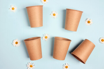 Eco-friendly coffee to go cups with chamomile flowers on blue background.